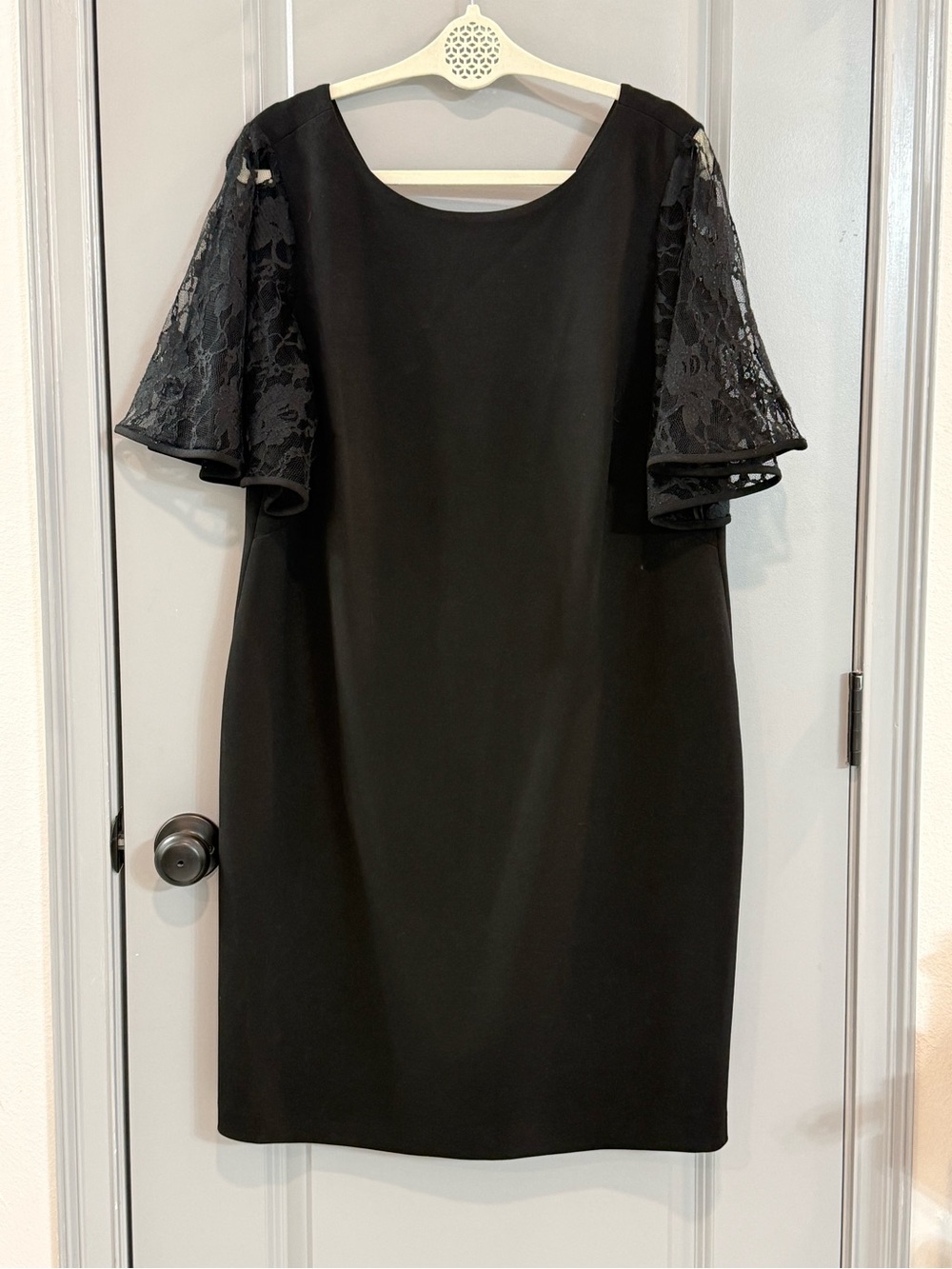 Vintage Calvin Klein Black Midi Dress with Lace Flutter Sleeves